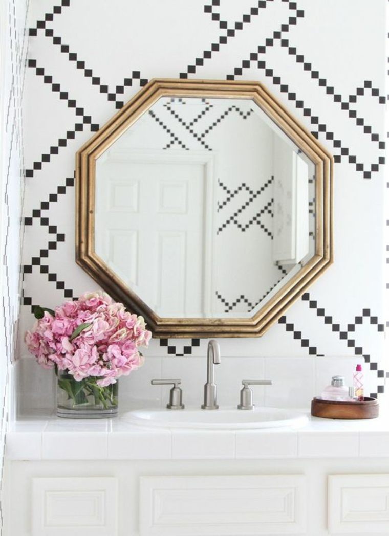 bathroom wallpaper black white design mirror