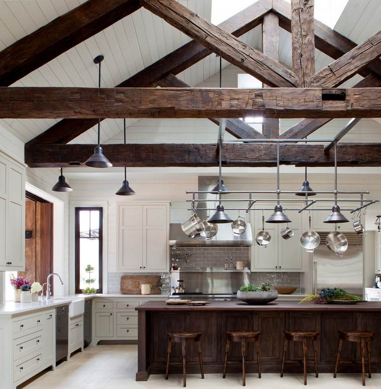 kitchen-retro-chic country-island-wood-wood stools