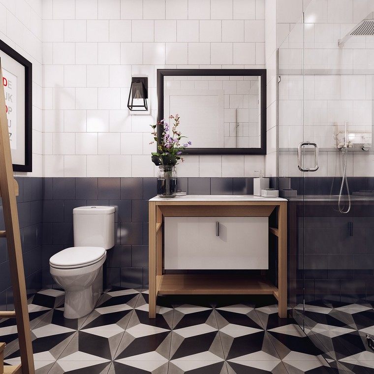 bathroom design idea tile floor mirror cabinet wood