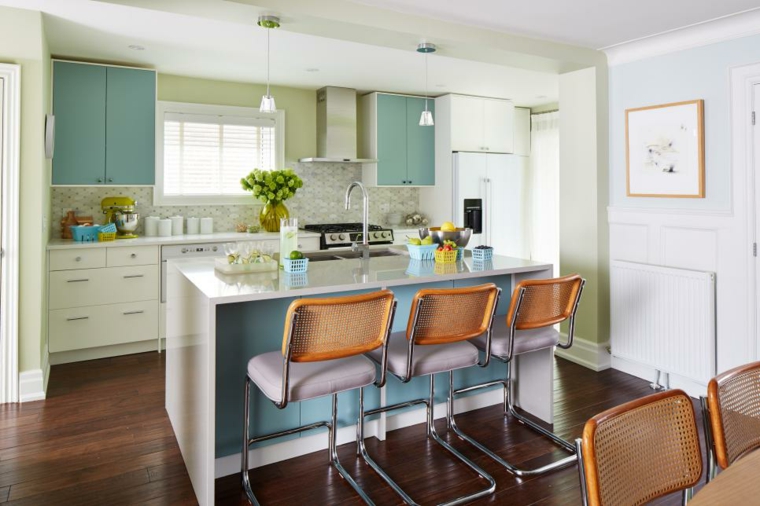 trendy color islet central kitchen