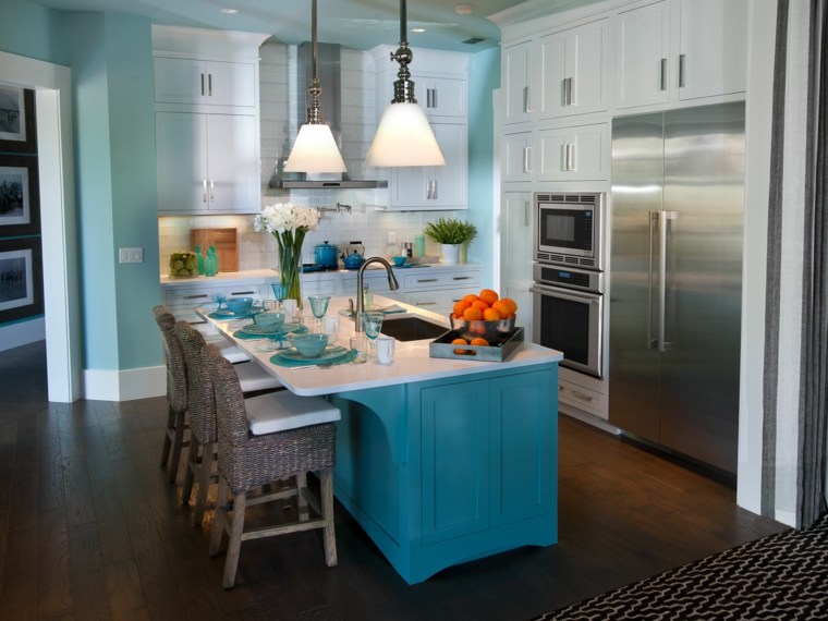 idea color kitchen island central wood blue hanging lamp