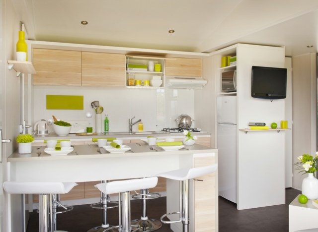 open kitchen space to eat island semi-central white interior