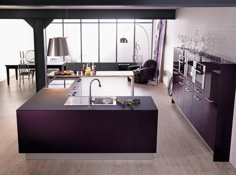 central island kitchen aubergine color design