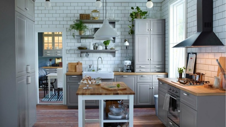 central island kitchen wood design interior Scandinavian modern wood fixture suspension wall bricks