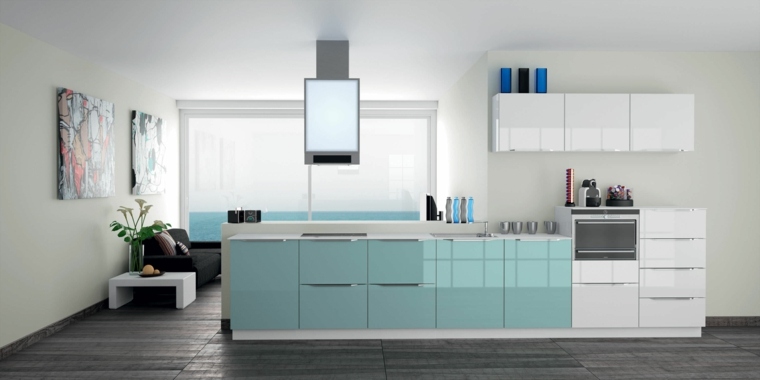 central island of blue kitchen