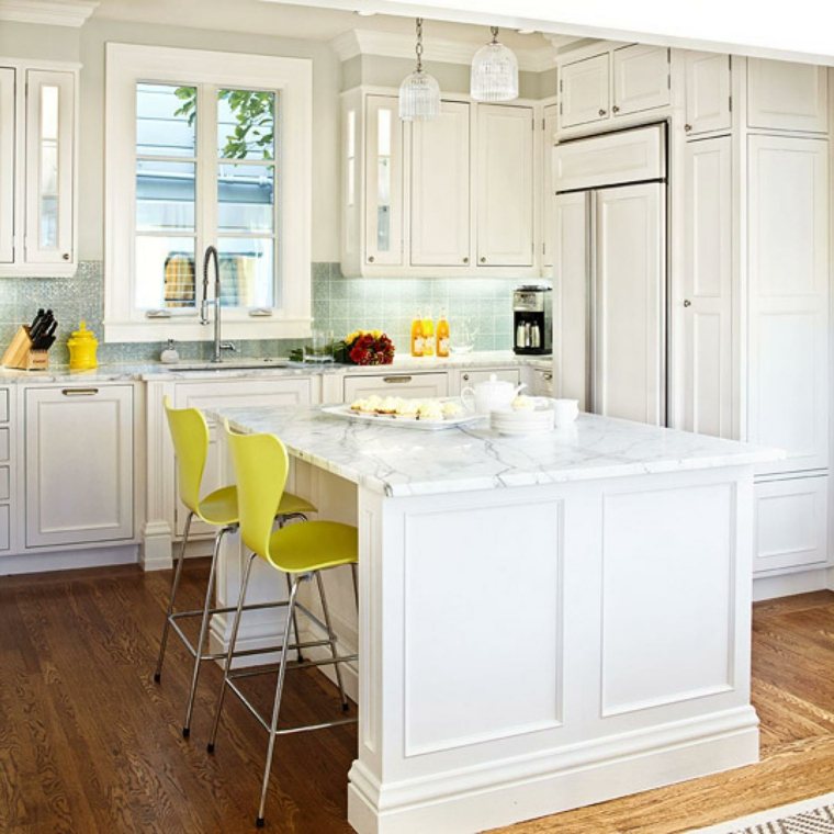 island-kitchen-marble-yellow chair