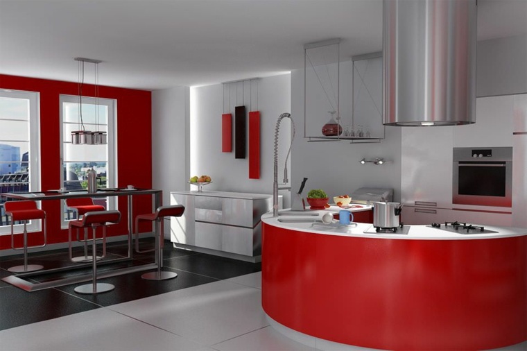 grått kjøkken og rødt design, sentralt øyehalsbord