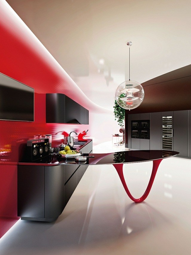 kjøkken øy semi-sentral design svart rød suspendert armatur