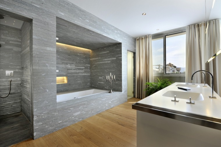 modern interior bathroom gray design parquet wood floor sink beige curtains