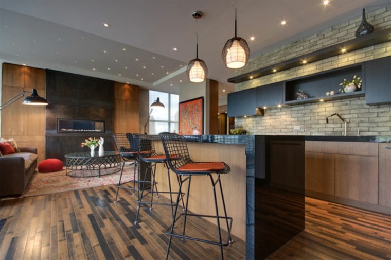 kitchen interior modern deco central island fixture hanging parquet floor