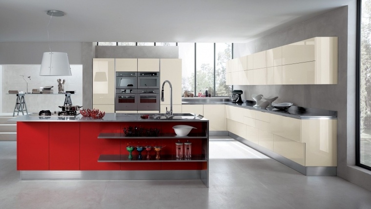 gray kitchen and red island lighting idea