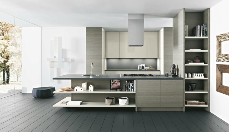 gray kitchen modern design central island parquet