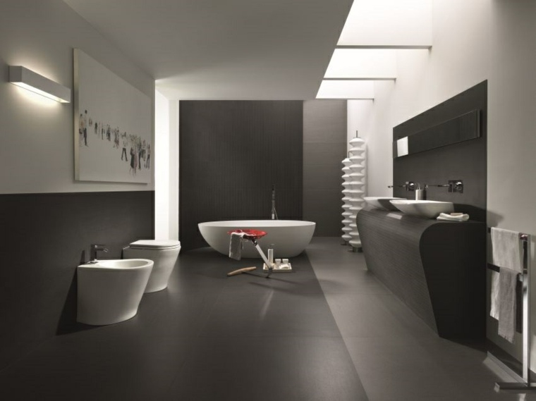 bathroom gray white bathtub toilet deco