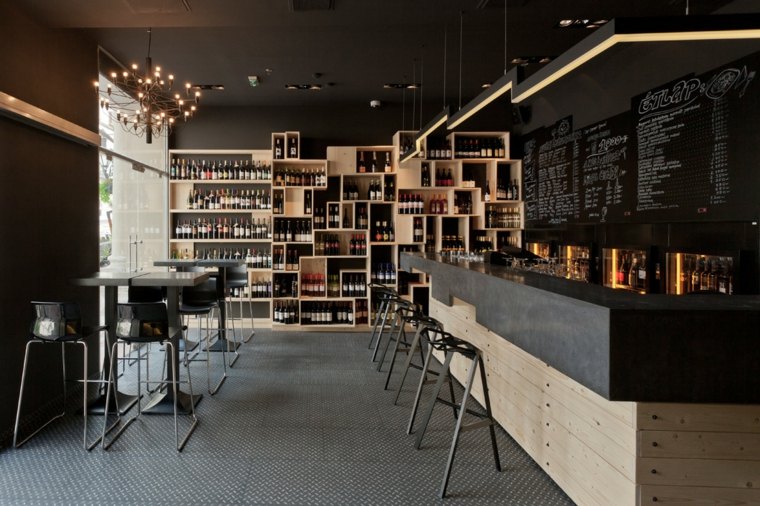 interiørdesign moderne restaurant bar tre betong design avføring