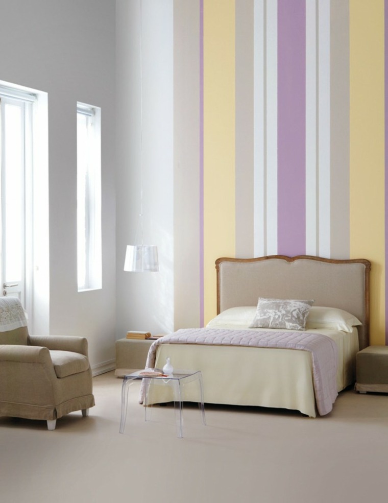 modern bedroom idea headboard original modern design pendant light armchair beige modern deco