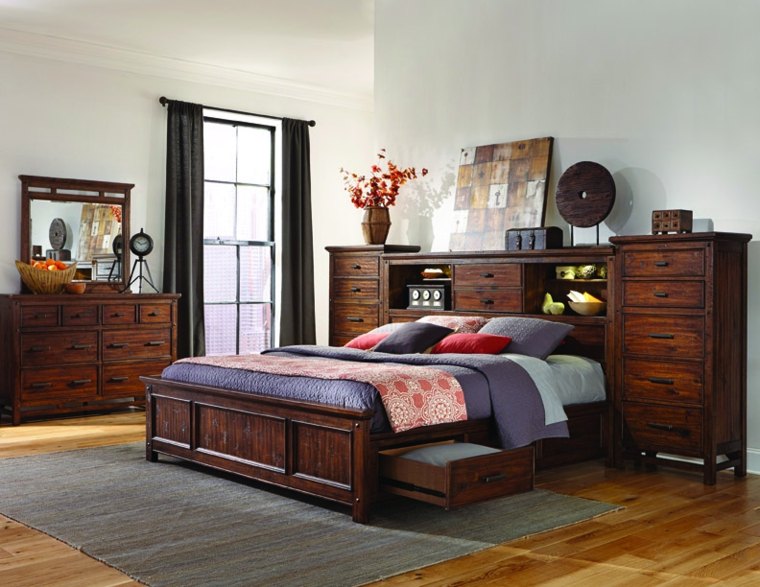 wooden headboard bedroom drawers storage wood floor rug gray idea cushions