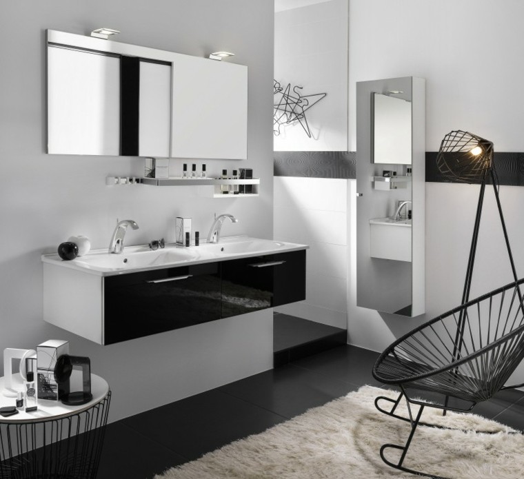 minimalist style bathroom deco wall mirror floor mats white