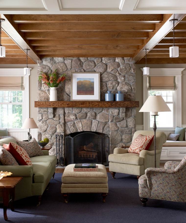 deco living room rustic idea stone wood cushions