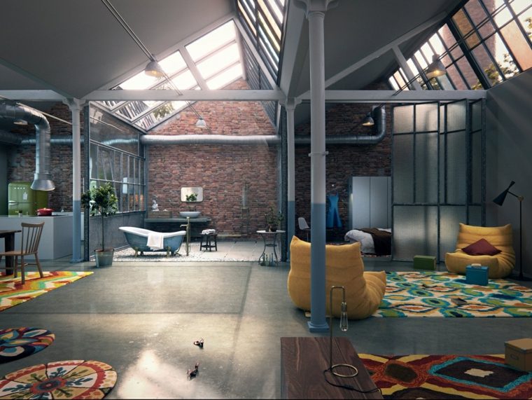 utrymme loft arrangera industriell stil fåtölj gul golv matta modern idé golv design vägg tegelstenar