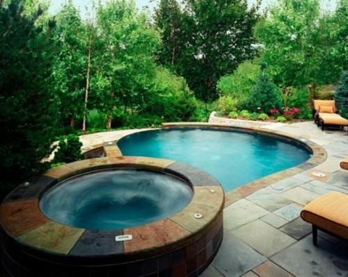 turquoise jacuzzi pool water garden greenery