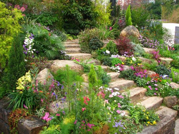 garden furniture stone stairway floral decoration