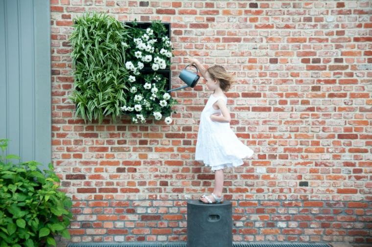 vertical garden wood plant idea watering brick wall