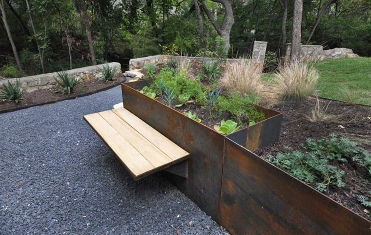 corten steel planter wooden bench fat plants