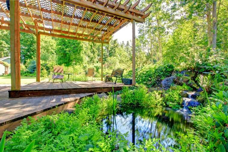 garden landscaping pergola pond'eau idée extérieur aménagement moderne banc bois