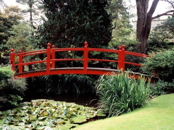 japanese gardens pond koi red bridge