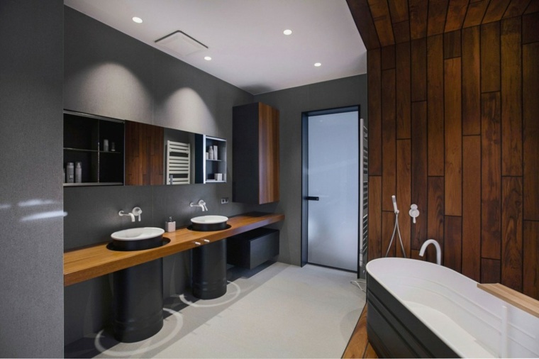 wood wall paneling contemporary bathroom