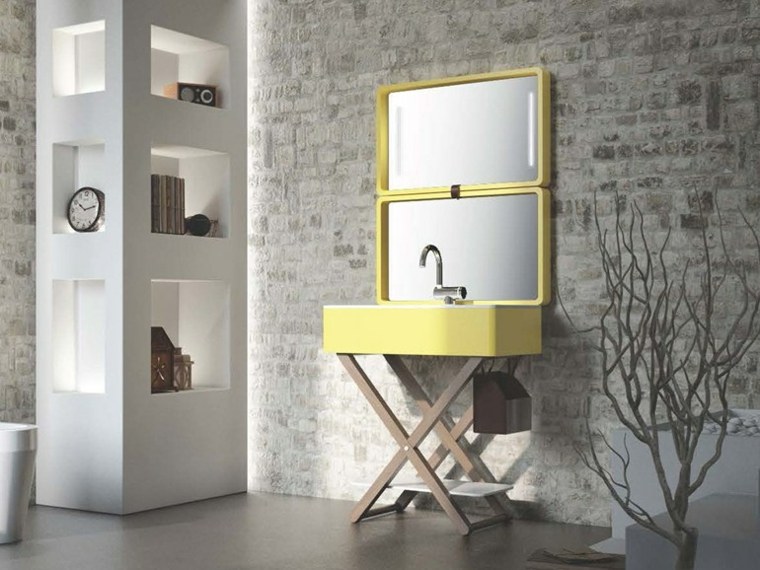 modern washbasin design rectangular mirror wall brick bathroom