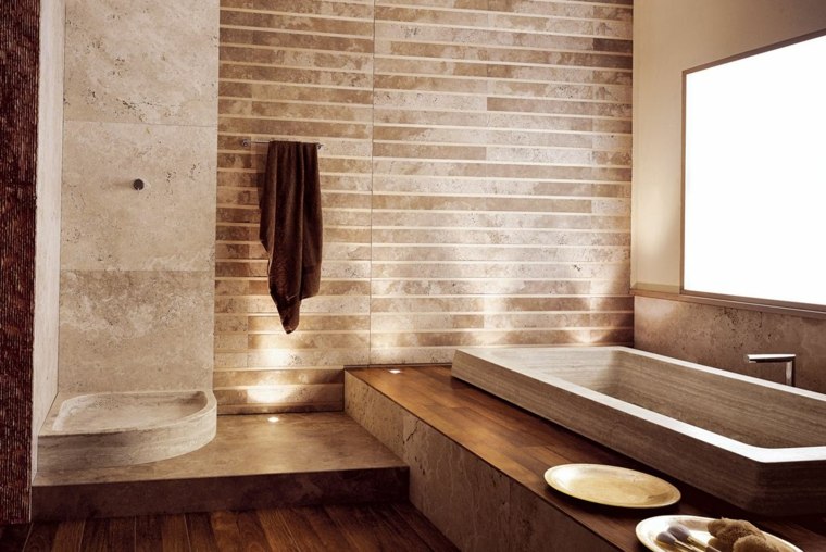 deco idea bathroom wood and travertine