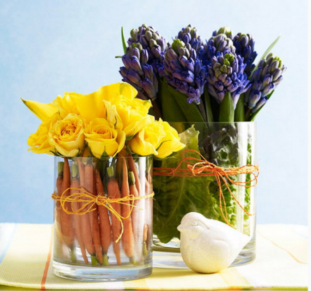 decoration idea table carrots purple yellow flowers