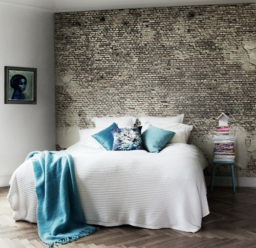 bed accents blue white bed wall bricks
