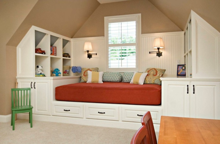 bed with storage drawers arrangement child room