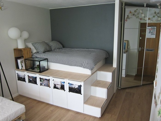 Bed platform high cupboard drawers stairs