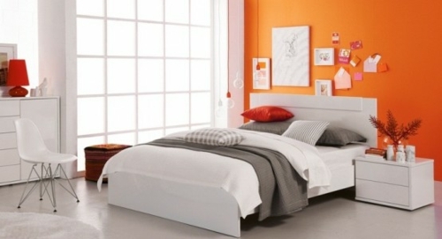 white bed wall orange modern bedroom