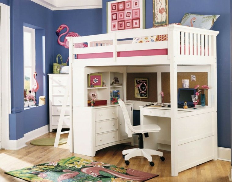 loft bed office wood idea chair deco wall blue design