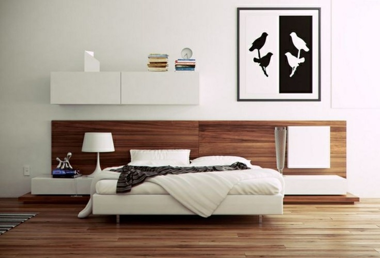 modern wooden bed iron contrast