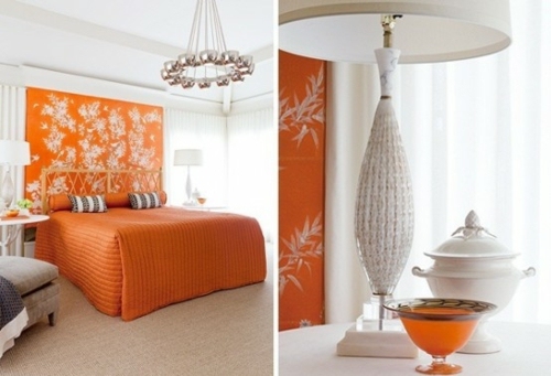 orange bed white bedroom