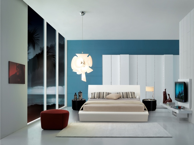 bed on the floor luxurious room white blue