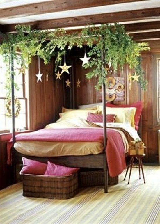 Superb rustic bed decorated with greenery and stars