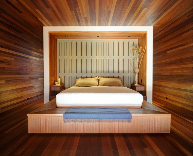 bed under a wooden room