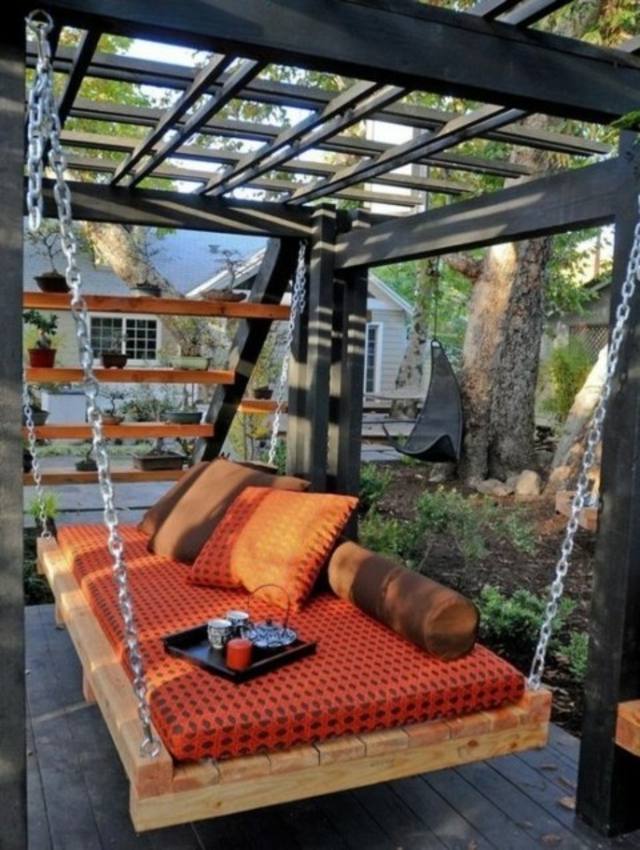 deco idea terrace bed hanging wood cushions red tray