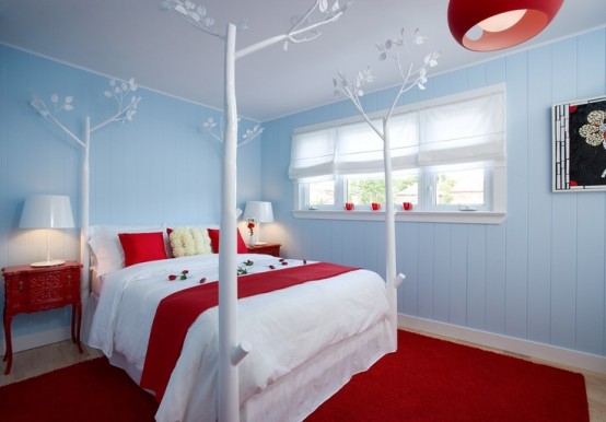 original bedding red carpet walls light blue