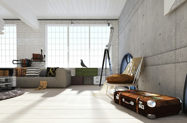 loft modern inredning idé deci soffa grå kuddar möbel design kudde fåtölj