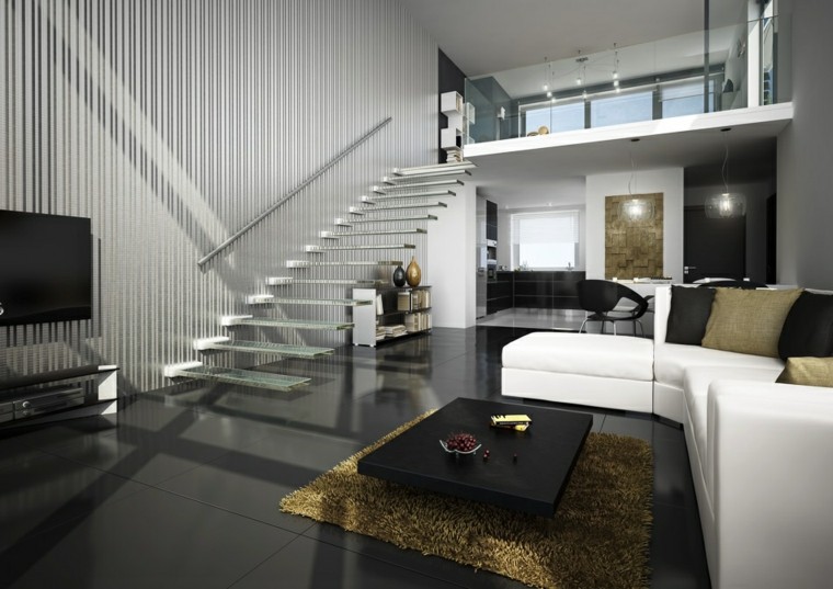 modern loft design idé vardagsrum möbler soffa'angle blanc tapis de sol table basse noire escalier 