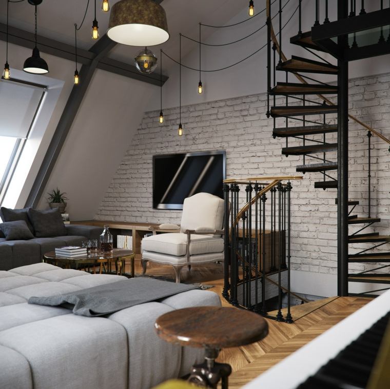 inredning loft modern design modern idé fixtur hängande bord trä fåtölj vit