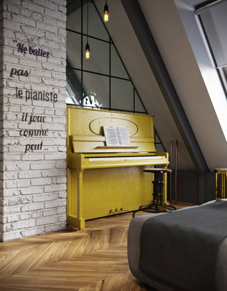 inredning modern piano trä lampa hängande deco parkett trä ottoman