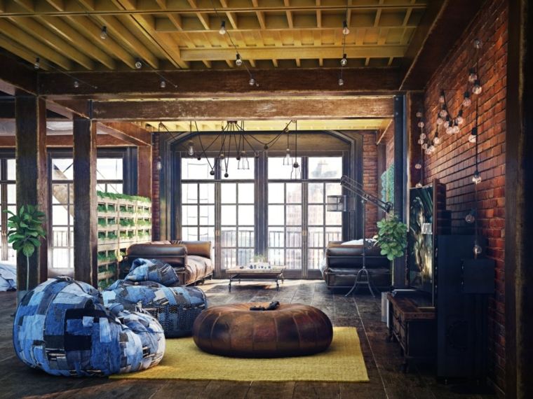 moderna industriella loft landskapsarkitektur vardagsrum soffa matta golv läder ottoman